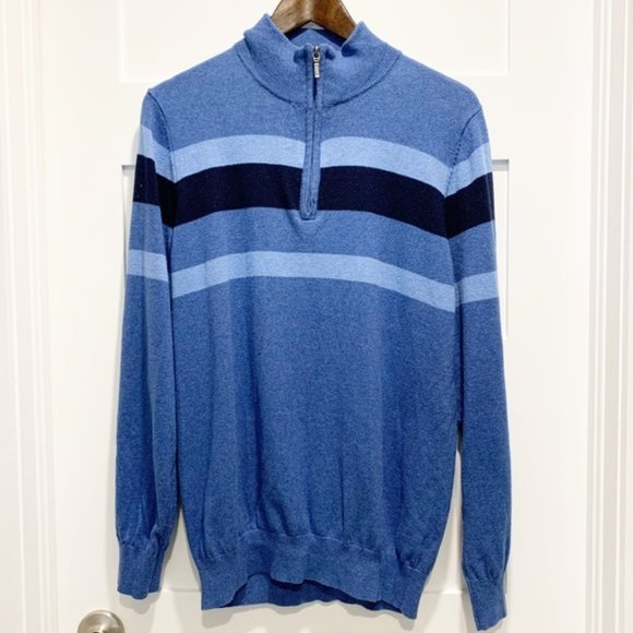 LL Bean Blue Stripe 1/4 Zip 100% Cotton Sweater - Size M Tall - Picture 2 of 7